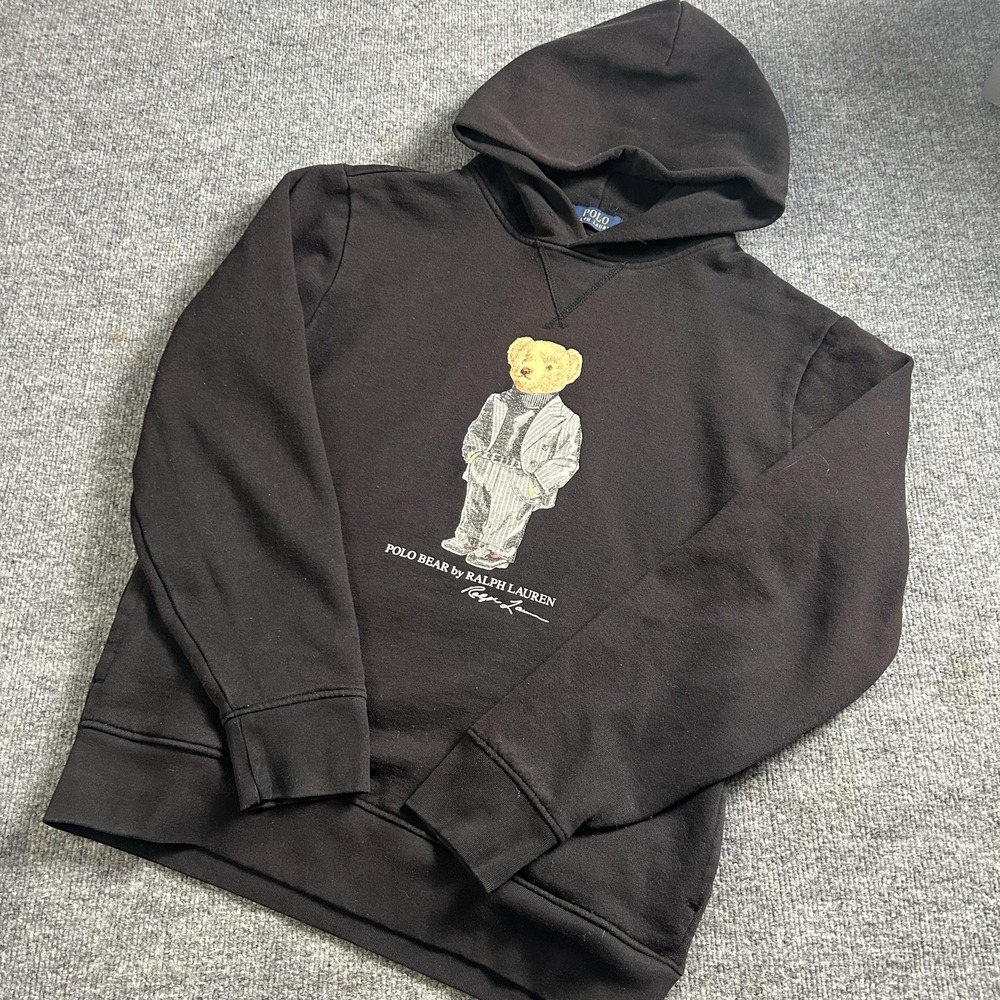 Polo Ralph Lauren Hoodie Mens Medium Black Polo Bear Graphic Fleece Sweatshirt
